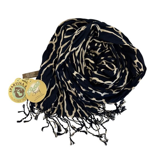 Spartina 449 Scarf Sallie Ann Navy Cream Geometric Fringe Wrap Shawl NEW - Picture 3 of 8